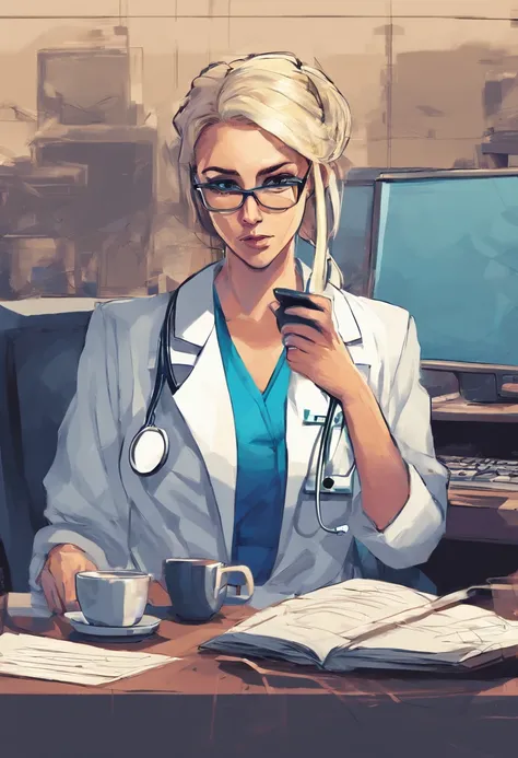 1womanl, , doctor, very light blonde hair, down ponytail hair, square glasses, sly look, frown , white lab coat, blue shirt, blue gloves reading, drinking coffee behind the desk, listening to radio