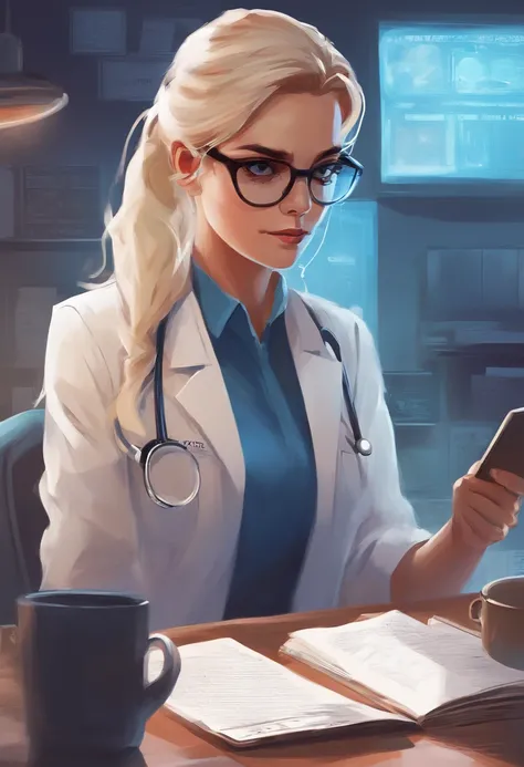 1womanl, , doctor, very light blonde hair, down ponytail hair, square glasses, sly look, frown , white lab coat, blue shirt, blue gloves reading, drinking coffee behind the desk, listening to radio