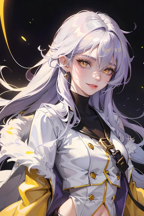 1woman, solo, dark sky background, white purple yellow clothing, lens flare abuse, semi-realistic portrait, flying, white long hair, hair between eyes, exposed hips body suit, shorts, looking at viewer, glowing yellow eyes, smirk, fur coat, pirate, evil sm...