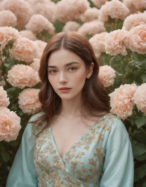 an image of a girl in the middle of a bouquet of flowers, in the style of iconic album covers, nature-inspired camouflage, japanese prints, light cyan and amber, pre-raphaelite, colorful gardens, charming illustrations