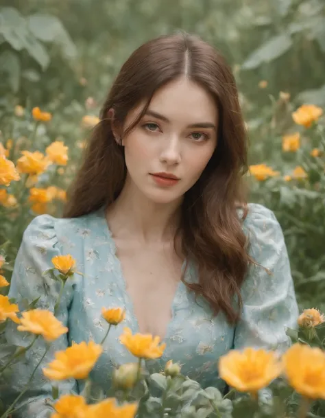 an image of a girl in the middle of a bouquet of flowers, in the style of iconic album covers, nature-inspired camouflage, japanese prints, light cyan and amber, pre-raphaelite, colorful gardens, charming illustrations