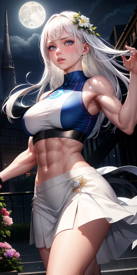 realistic, 1girl, white hair, blue eyes, glowing eyes, crop top, skirt, parted lips, blush, gym, flowers, night, moonlight, abs, muscle , biceps