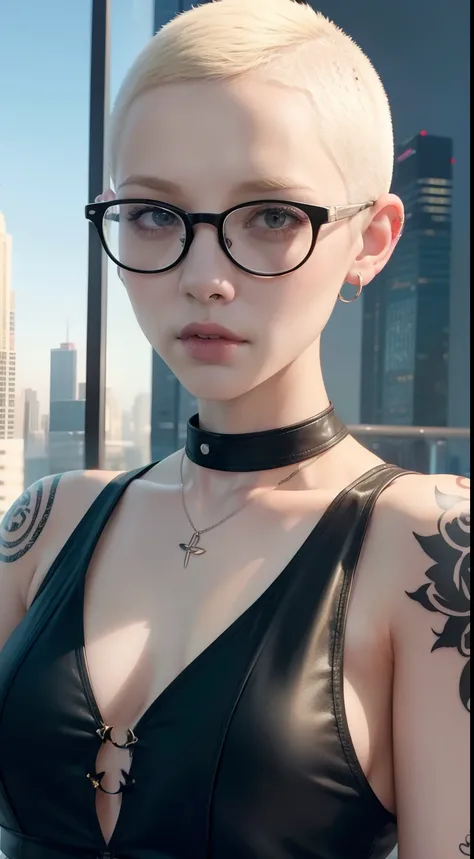 Girl, Riley Nixon haircut, shaved hair, Blonde hairstyle, Very short hair, Bald,, White vest shirt, Red Moon tattoo, Tattoo on the right arm, Wearing glasses, Blonde hairstyle, Riley Nixon haircut, Lipstick Black, Piercings in the face, On a skyscraper, lo...