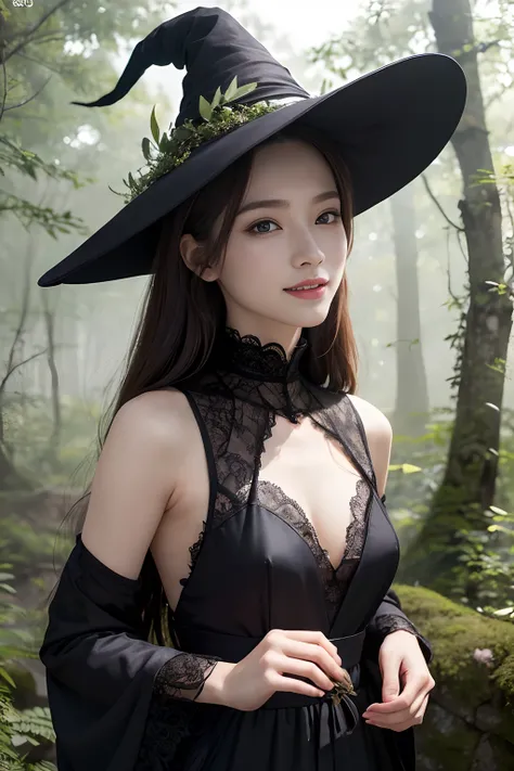 ((top-quality、​masterpiece、photographrealistic:1.4、in 8K))、Beautuful Women１a person、２1 year old、beautiful hairl、delicate and beautiful face、Eyes and faces with detailed 、Witch Cosplay、Cosplay、(Collecting medicinal herbs in the foggy forest:1.2)、Halloween、A...