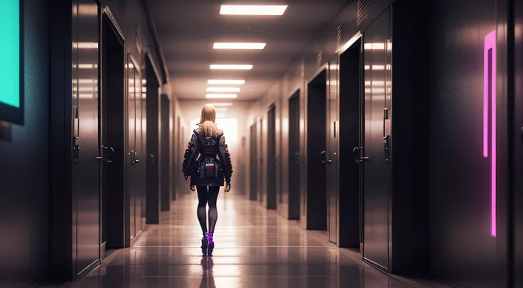 blonde woman walking corridor, cyberpunk