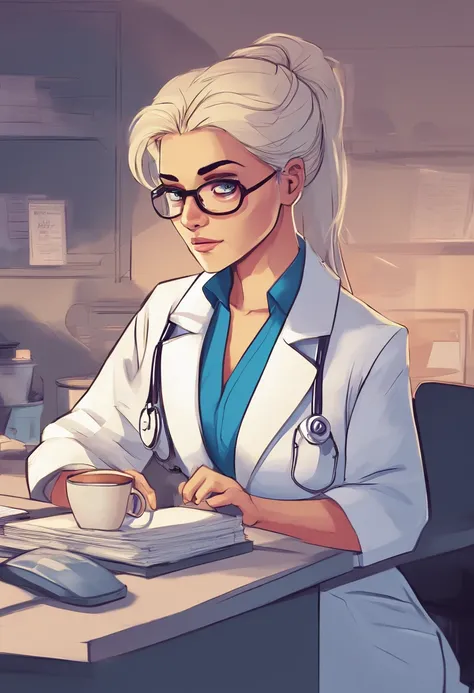 1womanl, , doctor, very light blonde hair, down ponytail hair, square glasses, sly look, frown , white lab coat, blue shirt, blue gloves reading, drinking coffee behind the desk, background hospital