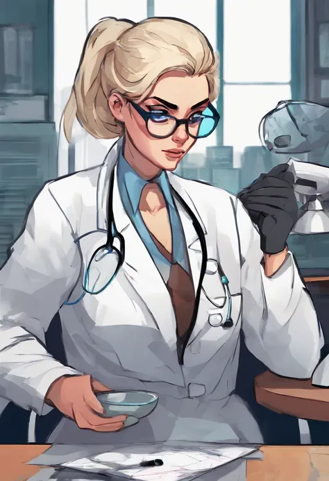 1womanl, , doctor, very light blonde hair, down ponytail hair, square glasses, sly look, frown , white lab coat, blue shirt, blue gloves reading, drinking coffee behind the desk, background hospital