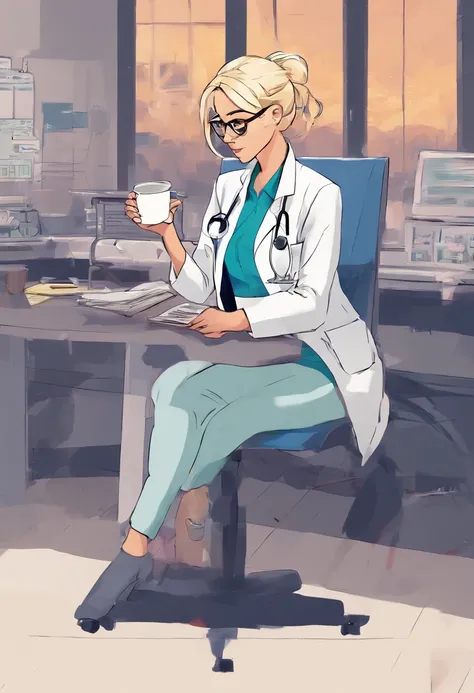 1womanl, , doctor, very light blonde hair, down ponytail hair, square glasses, sly look, frown , white lab coat, blue shirt, blue gloves reading, drinking coffee behind the desk, background hospital