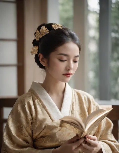 a woman reads a book with her kimono, in the style of gold leaf and gilding, exquisite black and white engravings, detailed facial features, playful and colorful depictions, ultrafine detail, dansaekhwa, historical imagery