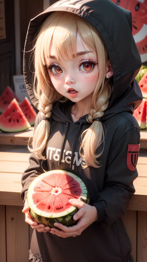 !?, 1girl, ?, ??, bangs, chibi, confused, eyebrows_visible_through_hair, food, fruit, hood, hood_up, open_mouth, red_eyes, sample, solo, spoken_question_mark, watermelon, virtual youtuber