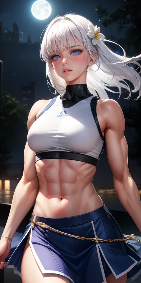 realistic, 1girl, white hair, blue eyes, glowing eyes, crop top, skirt, parted lips, blush, gym, flowers, night, moonlight, abs, muscle , biceps