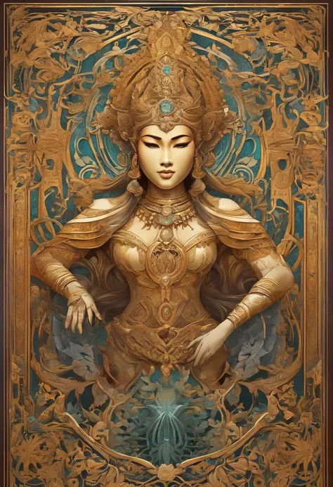 Create a stunning ultra-realistic portrait of a "(((Ancient Myanmar God)))" fantasy character in the art nouveau style. Pay meticulous attention to intricate details and draw inspiration from the fifth element artifacts. Incorporate references from artists...