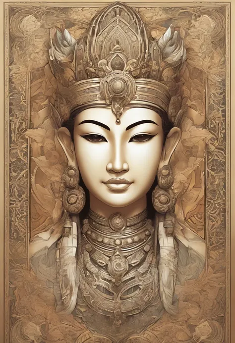 Create a stunning ultra-realistic portrait of a "(((Ancient Myanmar God)))" fantasy character in the art nouveau style. Pay meticulous attention to intricate details and draw inspiration from the fifth element artifacts. Incorporate references from artists...