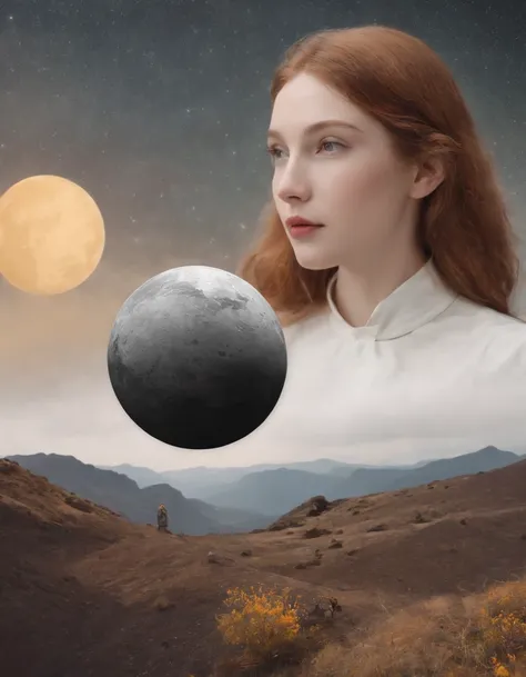 an image of a person and a planet in space, in the style of whimsical collage work, mountainous vistas, flowerpunk, gray and amber, flora borsi, Édouard Manet, editorial illustrations