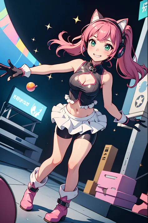 1girl, solo, masterpiece, pop idol, pink hair, pigtails, twin-tails, green eyes, blush, smile, cute face, cat-eared headphones, idol outfit, ((frilly, midriff, sleeveless, 1cutout, cleavage cutout, matching gloves)), ((matching boots)), ((bike shorts, plea...