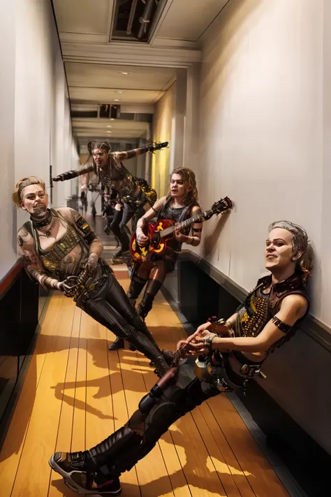 there are four people in a hallway playing guitars and a guitar, metallica, master of puppets, iron maiden, photo shoot, photosh...