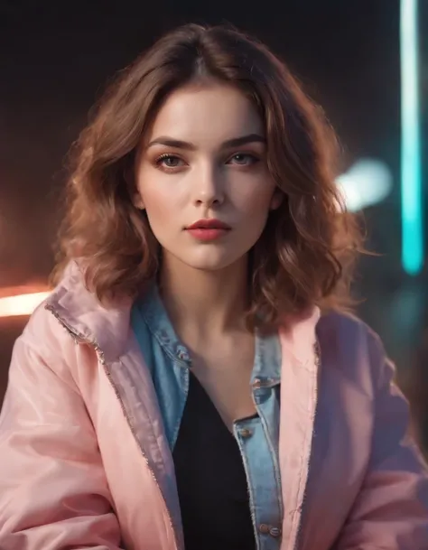 An 80s style female in a jacket, in the style of cartoon abstraction, webcam, crisp neo - pop illustrations, chillwave, youthful, contest winner, dynamic color contrasts