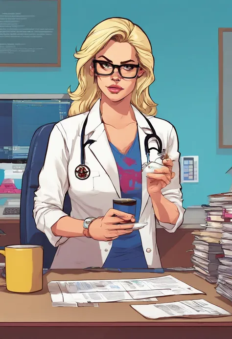 1womanl, , doctor, very light blonde hair, down ponytail hair, square glasses, sly look, frown , white lab coat, blue shirt, blue gloves reading, drinking coffee behind the desk, background hospital