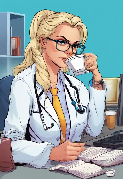 1womanl, , doctor, very light blonde hair, down ponytail hair, square glasses, sly look, frown , white lab coat, blue shirt, blue gloves reading, drinking coffee behind the desk, background hospital