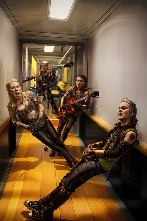 there are four people in a hallway playing guitars and a guitar, metallica, master of puppets, iron maiden, photo shoot, photosh...