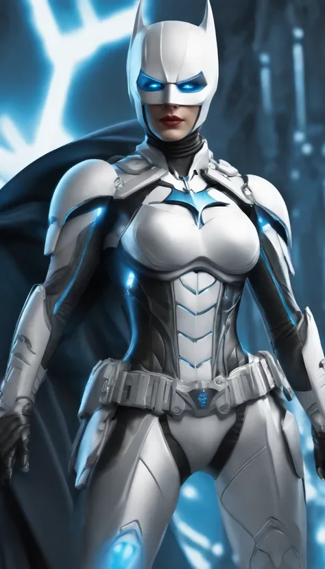 Realistic white and light blue female Batman in titanium cybernetic suit, detailliert, perfect design, Perfect and symmetrical edges of high quality  ::n_Style drawing, Low quality defects, human - shaped, games, Anime