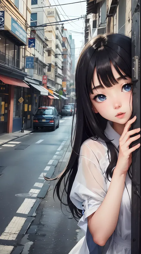 1,girl,black hair,blue eyes,white shirt,ultra detailed hd quality