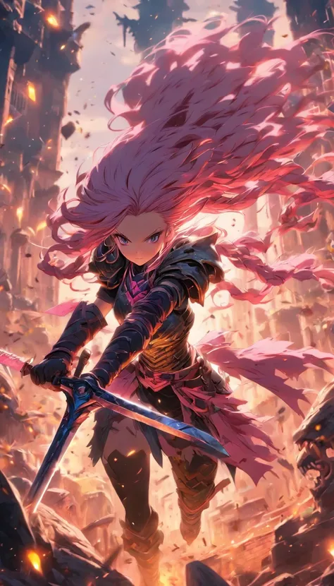 1 Girl Slim Small Long Pink Hair, Black and yellow armor wears a two-handed sword, Fight monsters in a ruin, UHD, masterpiece, anatomically correct, high quality, high details, highres, best quality, 8k