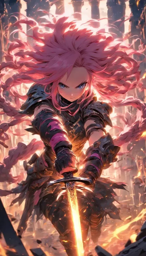 1 Girl Slim Small Long Pink Hair, Black and yellow armor wears a two-handed sword, Fight monsters in a ruin, UHD, masterpiece, anatomically correct, high quality, high details, highres, best quality, 8k