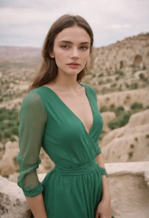 120mm photograph medium format film photography Kodak portra young, Russian Girl, 22yo, green tight outfit, tall woman, beauty. Background Cappadocia, Joyful, Emphasisers, Muted Colours, Hasselblad,upper body