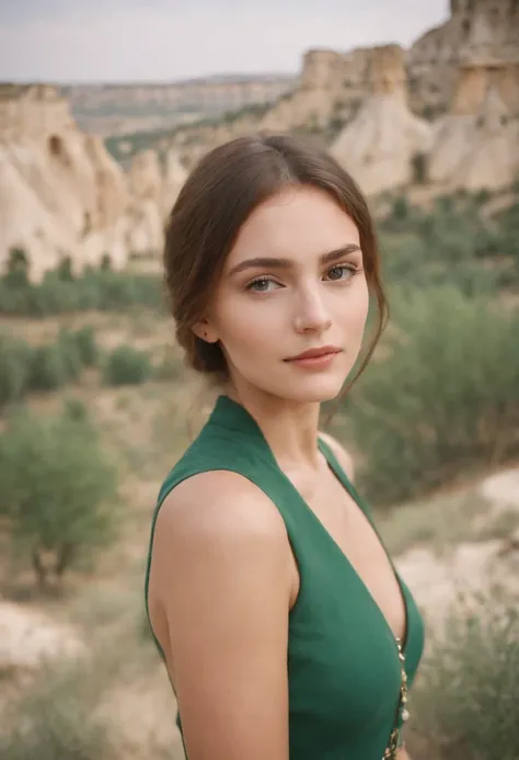 120mm photograph medium format film photography Kodak portra young, Russian Girl, 22yo, green tight outfit, tall woman, beauty. Background Cappadocia, Joyful, Emphasisers, Muted Colours, Hasselblad,upper body