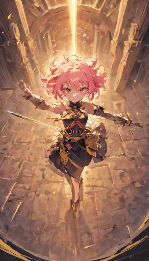 1 Girl Slim Small Long Pink Hair, Black and yellow armor wears a two-handed sword, Fight monsters in a ruin, UHD, masterpiece, anatomically correct, high quality, high details, highres, best quality, 8k