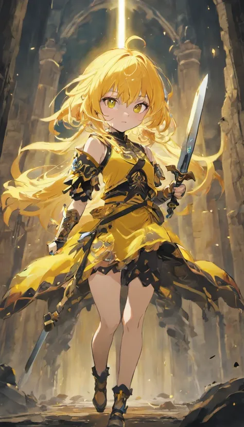 1 Girl Slim Small Long Pink Hair, Black and yellow armor wears a two-handed sword, Fight monsters in a ruin, UHD, masterpiece, anatomically correct, high quality, high details, highres, best quality, 8k