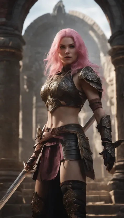 1 Girl Slim Small Long Pink Hair, Black and yellow armor wears a two-handed sword, Fight monsters in a ruin, UHD, masterpiece, anatomically correct, high quality, high details, highres, best quality, 8k