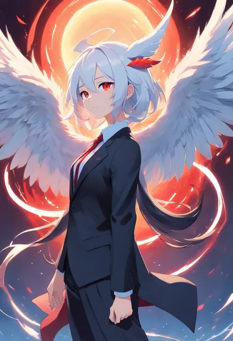 , 1demon,With small wings on its back, white wings, long ears, messy hair, albino red eyes, black suit, black hair, multicolored hair, white hair