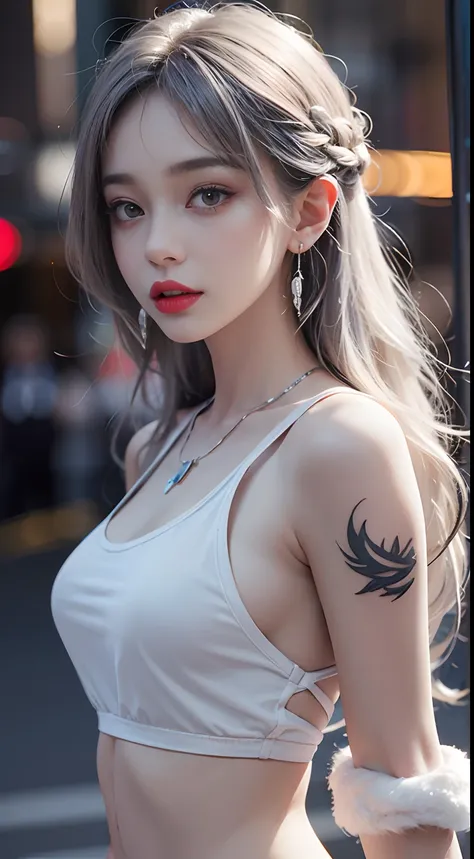 Urban beautiful girl college student, masterpiece, light makeup, red lips, silver hair, messy long hair, street background, beautiful, elegant. Ultra-fine details, master works, real texture, cinematic lighting realism, perfect work, 8k, HD, exquisite faci...