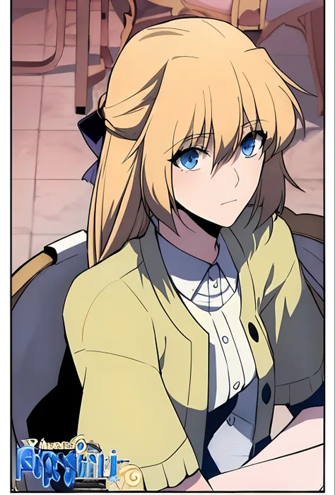 a woman with blonde hair and blue eyes sitting in a chair, artoria pendragon, anime style like fate/stay night, fine details. girls frontline, marisa kirisame, official art, from girls frontline, fate grand order, close-up!!!!!!, anime girl named lucy, cus...