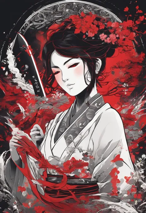 Una mujer utilizando un kimono rojo y negro,tiene cabello violeta oscuro,su rostro es serio,ojos negros,He is holding the handle of a katana that radiates water-like energy.