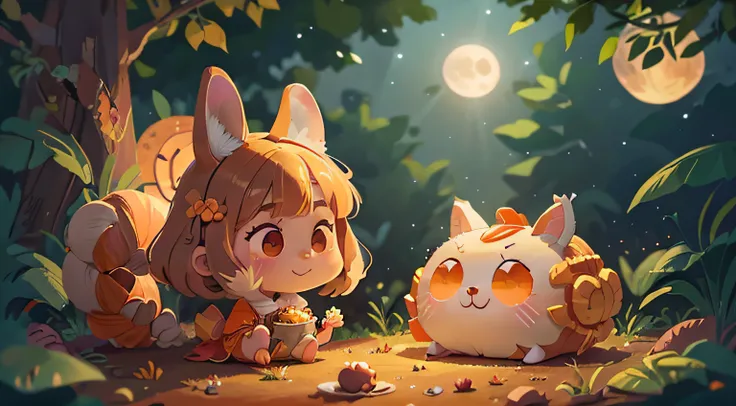 （mid-autumn festival：1.5）(themoon)，edgBunny，(Moon cake)，1 girl, Glowing skin, long whitr hair，Braiding,  Solo, 18 years old, Glowing eyes, Sparkling eyes, Beautiful eyes,Eat mooncakes，Moon cake，Light smile，Delicate facial features，Clean face，Dynamic Angle,...