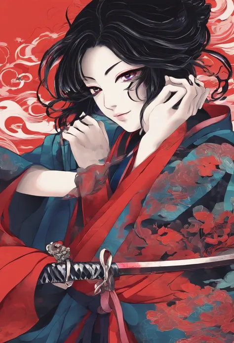 Una mujer utilizando un kimono rojo y negro,tiene cabello violeta oscuro,cabello violeta,Su rostro es serio,ojos negros,He is holding the handle of a katana that radiates fluid blue energy.......