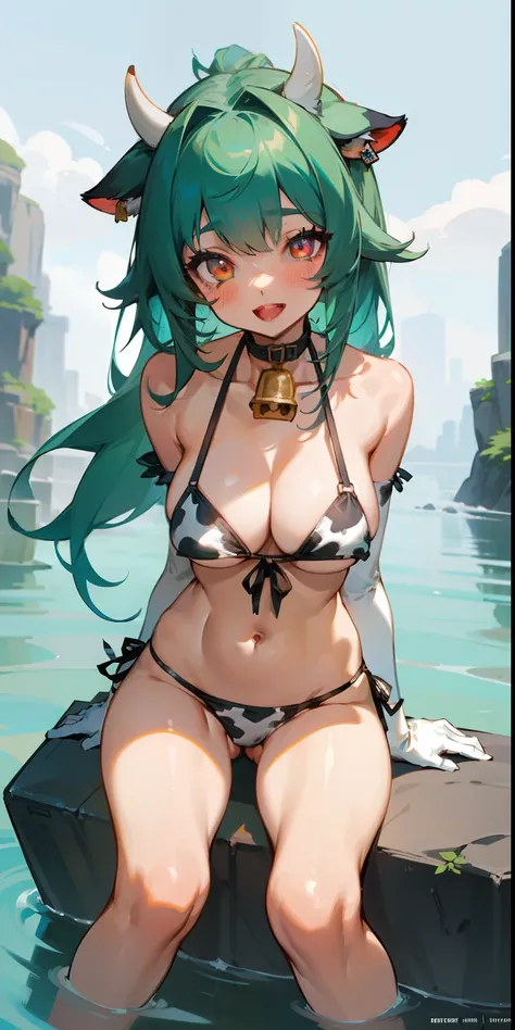 1girl, solo, long hair, breasts, looking at viewer, green eyes, blush, smile, open mouth, bangs, blue hair, green hair, big breasts, red eyes, thighs, gloves, navel, animal ears, cleavage, sitting on the stone, collarbone, tail, swimsuit, bikini, horns, el...