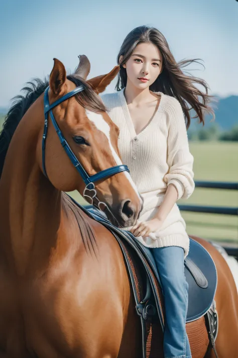 1girl,((Best quality, 8k, Masterpiece :1.3)),full body,Ultra-detailed face, Detailed eyes, Double eyelid、a photograph of a girl riding a horse、Women in Their 20s、plateau、mont、blue-sky、ride horse、saddle、One horse