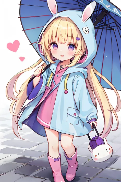 1girl in、rainbows、raincoat、Purple raincoat、Rubber boots、length hair、boots、red blush、umbrellas、Opening Mouth、hoods、独奏、Terubozu、Very long hair、Hood Up、long-sleeve、bangss、a smile、Purple eye、bunny rabbit、Closed umbrella、full bodyesbian、:d、Purple footwear、is st...