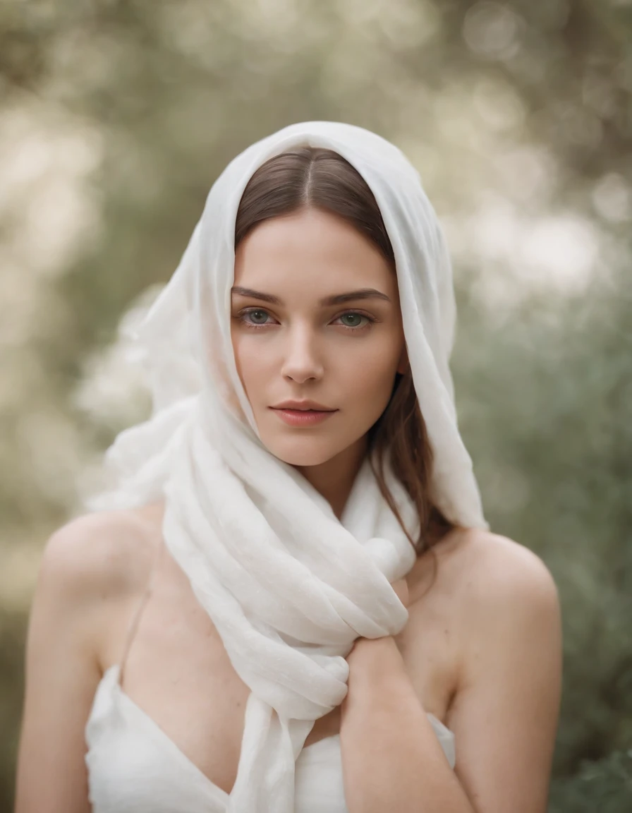 female with a white scarf on her head for stocksy united, in the style of wavy lines and organic shapes, deconstructed tailoring, wavy resin sheets, playful colors, nature-inspired motifs, tattoo-inspired, suspended/hanging