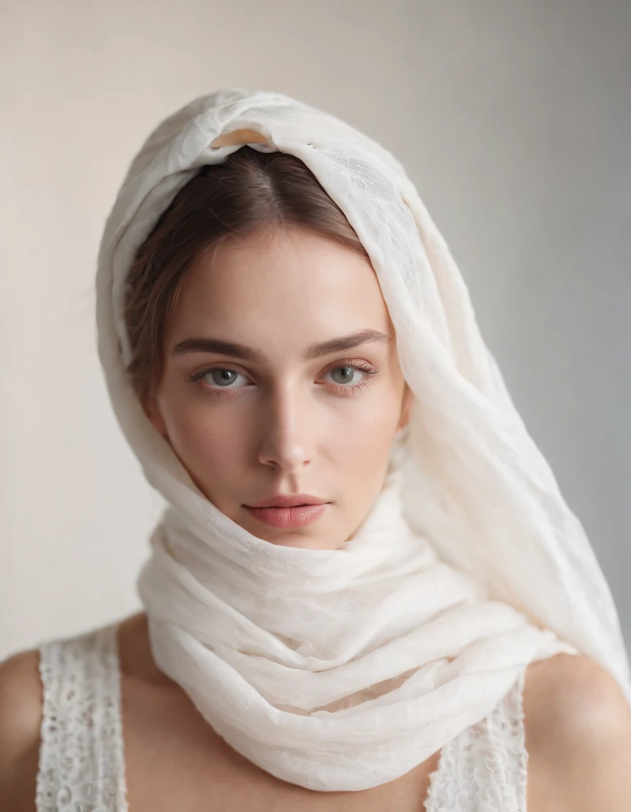 female with a white scarf on her head for stocksy united, in the style of wavy lines and organic shapes, deconstructed tailoring, wavy resin sheets, playful colors, nature-inspired motifs, tattoo-inspired, suspended/hanging