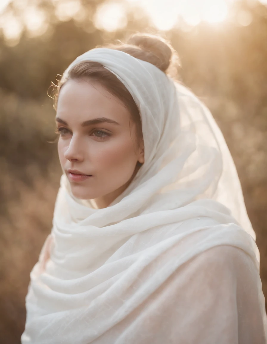 female with a white scarf on her head for stocksy united, in the style of wavy lines and organic shapes, deconstructed tailoring, wavy resin sheets, playful colors, nature-inspired motifs, tattoo-inspired, suspended/hanging