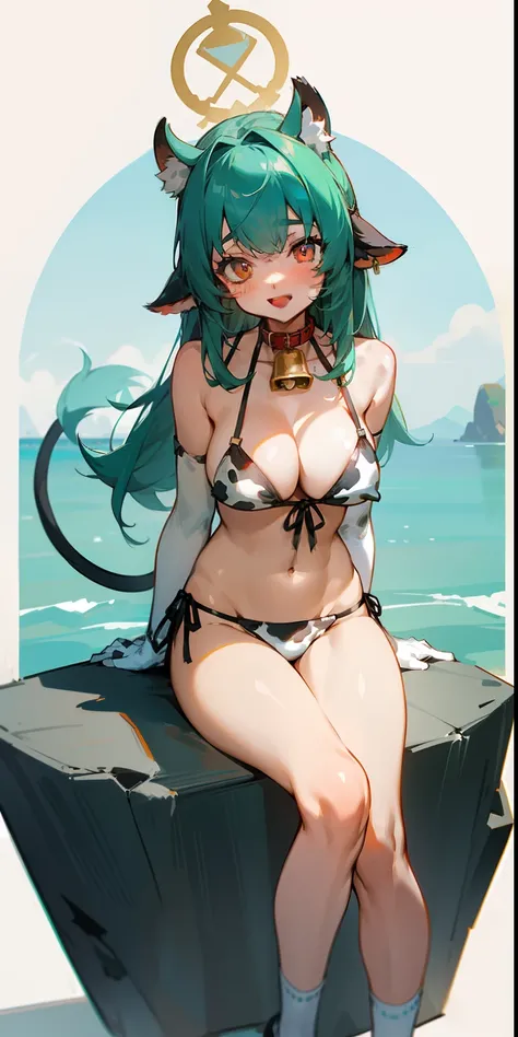 1girl, solo, long hair, breasts, looking at viewer, green eyes, blush, smile, open mouth, bangs, blue hair, green hair, big breasts, red eyes, thighs, gloves, navel, animal ears, cleavage, sitting on the stone, collarbone, tail, swimsuit, bikini, horns, el...