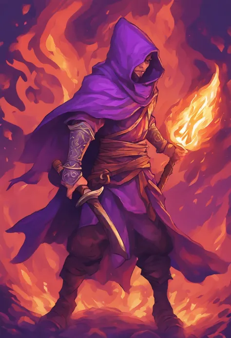 Pixelated image of a mage in purple clothing and gray hood wearing a burning staff and a warrior in purple clothing and gray hood holding a golden axe fighting a warrior orc