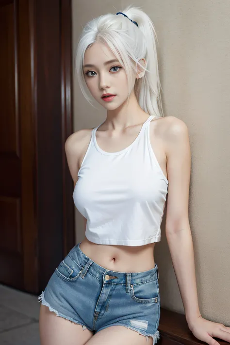 Realistic, high resolution, 1 girl, ponytail white hair, korean, blue eyes, shirt, skinny denim shorts, mid-chest, thin waist, thighs