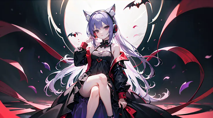 a vampire girl with long purple hair and short dark gray dress and short dark gray skirt wearing a cat ears headset looking confident sitting on throne