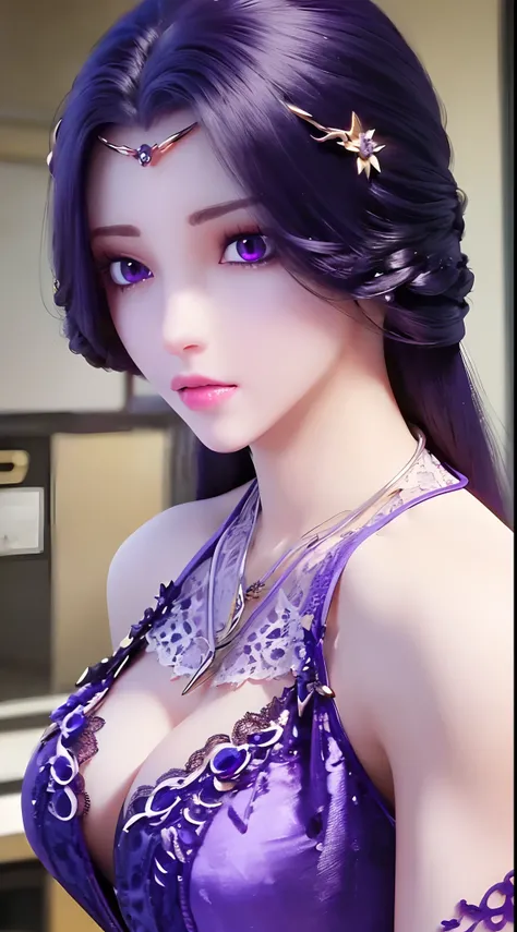 A beautiful and sexy 20 year old girl, extremely sexy girl in a small purple bustier camisole, purple silk camisole with sexy lace trim, long purple hair and bangs, hair jewelry most detailed and beautiful, ((wearing purple lace necklace:1.6)), Super cute ...